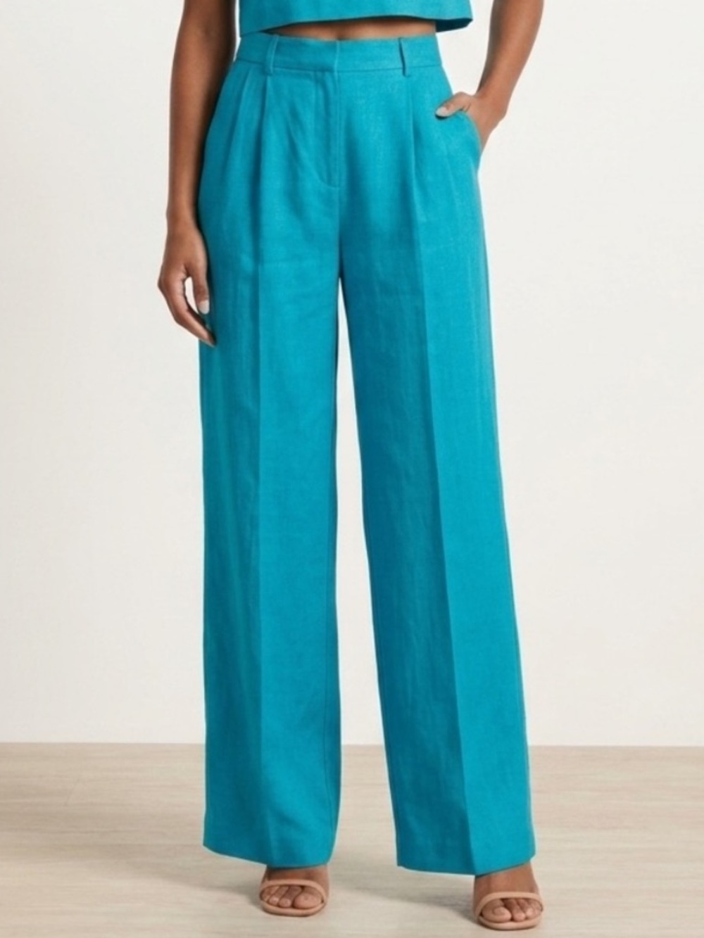 Zara Linen Blend High Rise Wide Leg Turquoise Blue Pants Women's Small NWT Flowy
